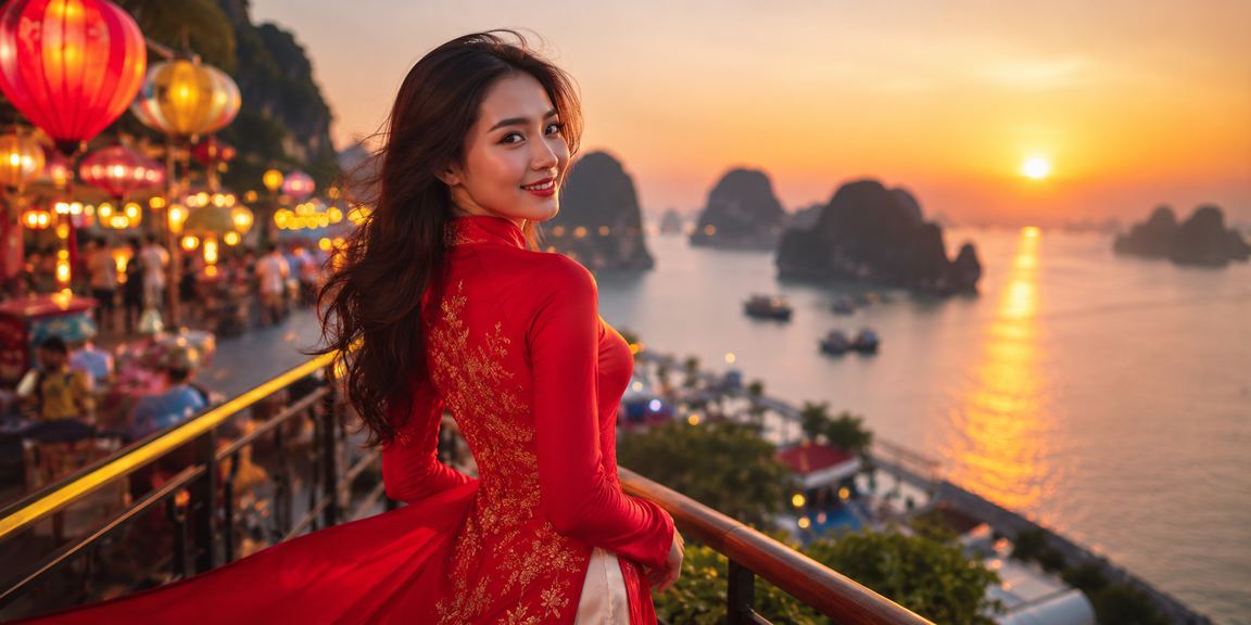 Người phụ nữ mặc áo dài tại vịnh Hạ Long sử dụng ứng dụng casino trên điện thoại