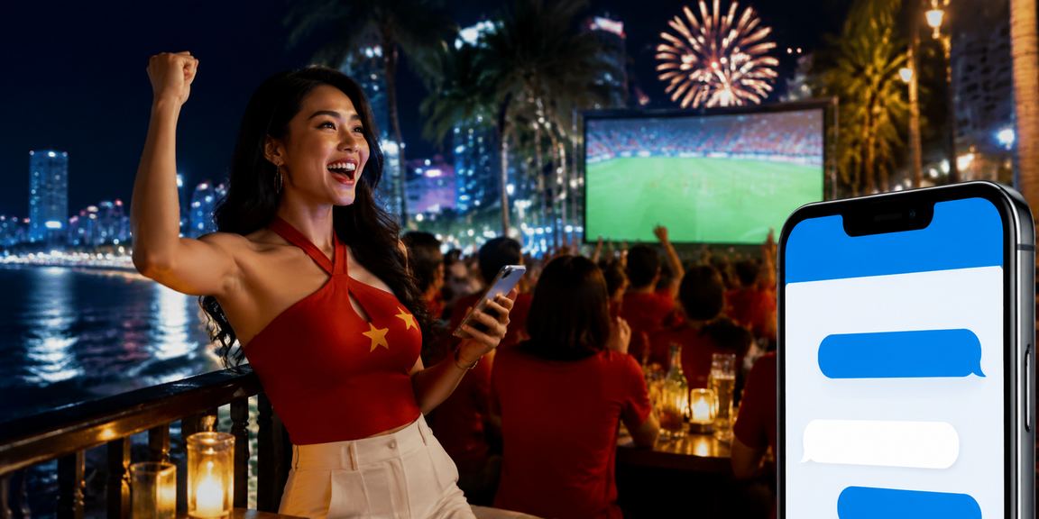 Người dùng Nha Trang xem kèo và casino trên điện thoại bên bãi biển buổi chiều